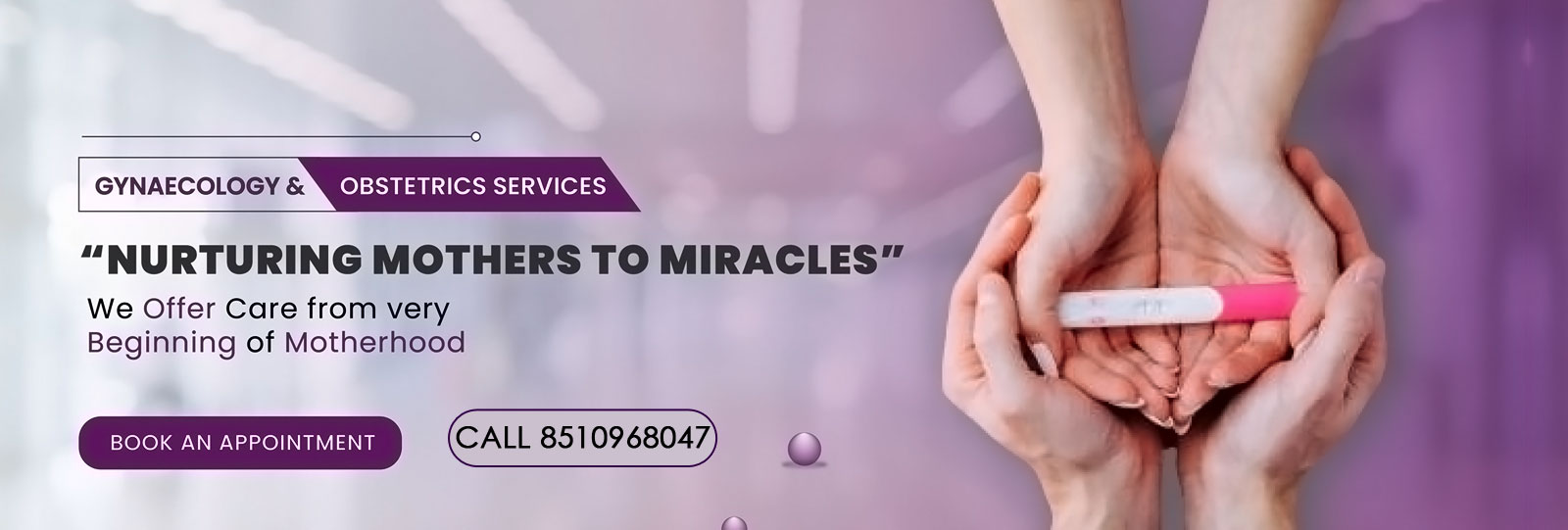 Gynecology and obstetrics care banner showing pregnancy test held in hands, representing maternity and women’s health services